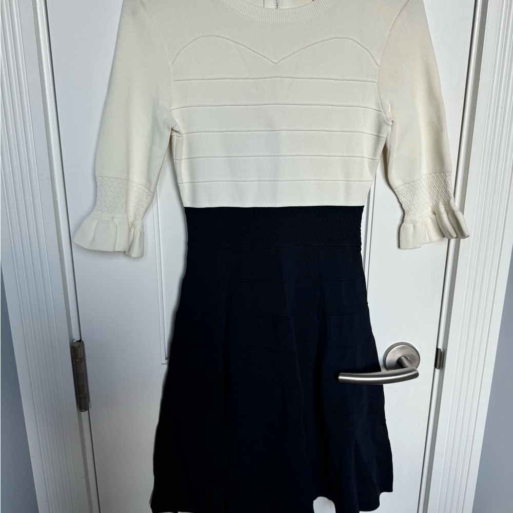 Ted Baker Dyana Cream and Black Fit and Flare Dress with Cuffed Ruffle Sleeves